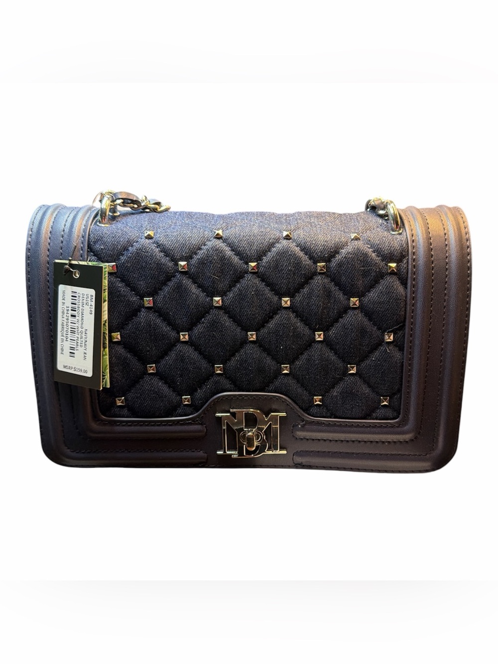 Badgley Mischka Denim Diamond Quilted Crossbody / Pearls on Strap NWT MSRP $159 - Picture 2 of 6